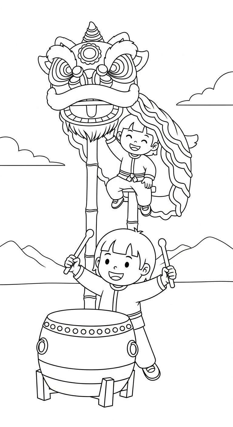 in tranh tô màu đầu lân khổ A4