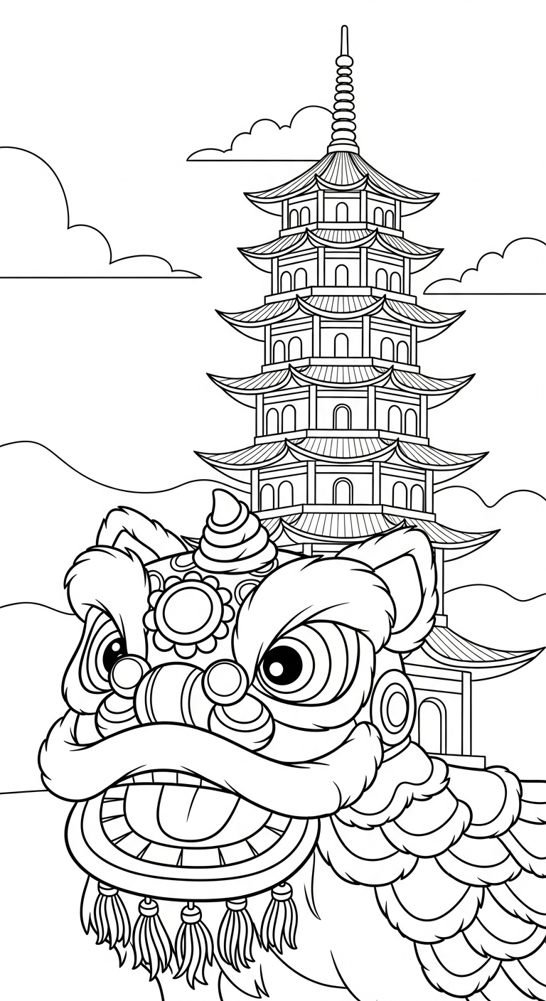 in hình tô màu đầu lân cho bé 3 tuổi