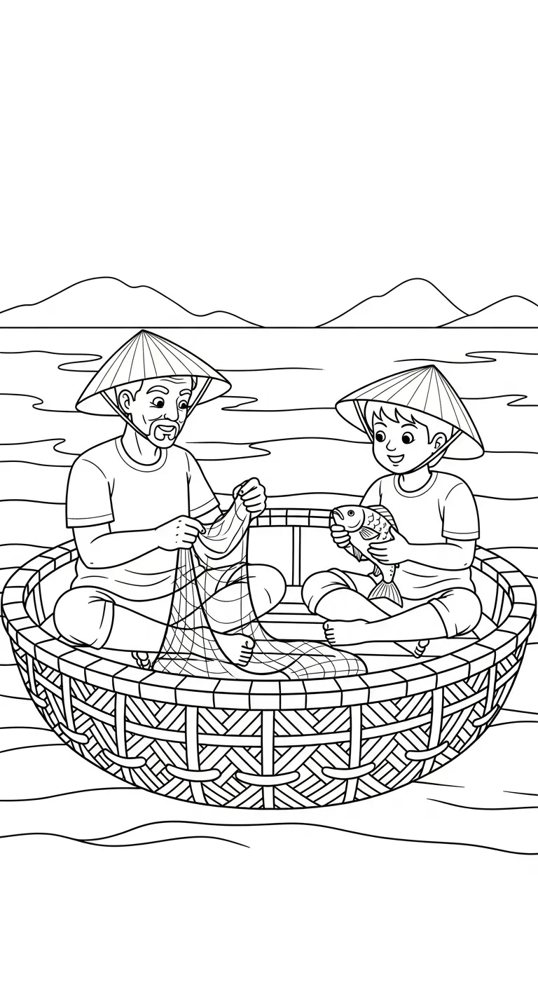 tranh tô màu Thuyền Thúng cho bé tải miễn phí