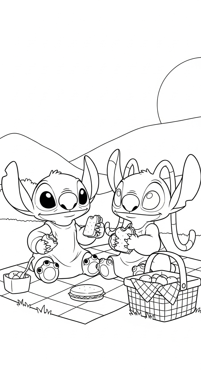 in hình tô màu Stich và Angel miễn phí