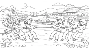 hình tô màu kéo co cho bé 7-8 tuổi