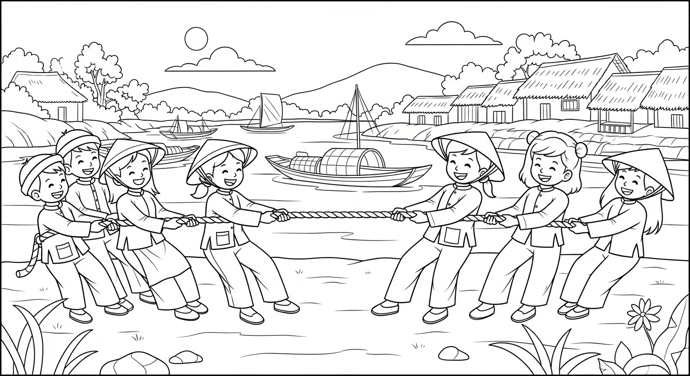 hình tô màu kéo co cho bé 7-8 tuổi