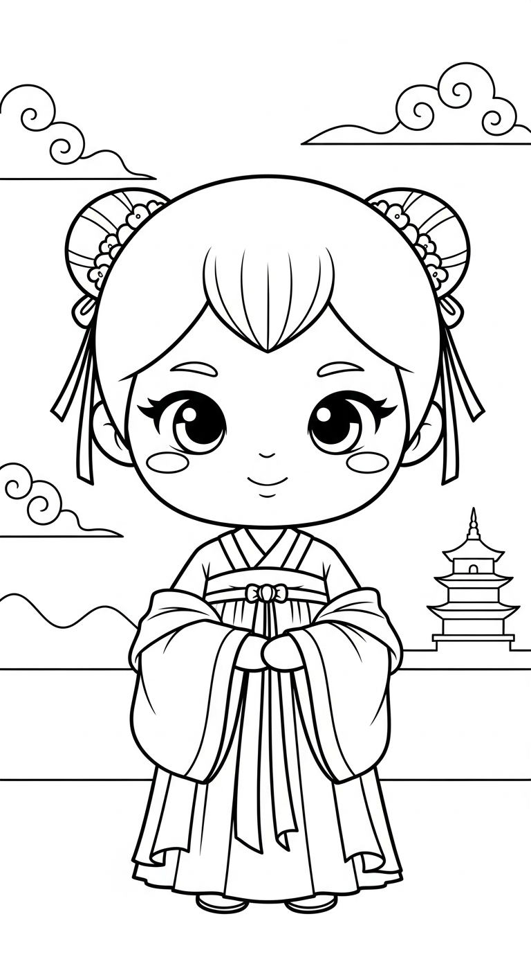 tải tranh tô màu công chúa cổ trang chibi cho bé miễn phí