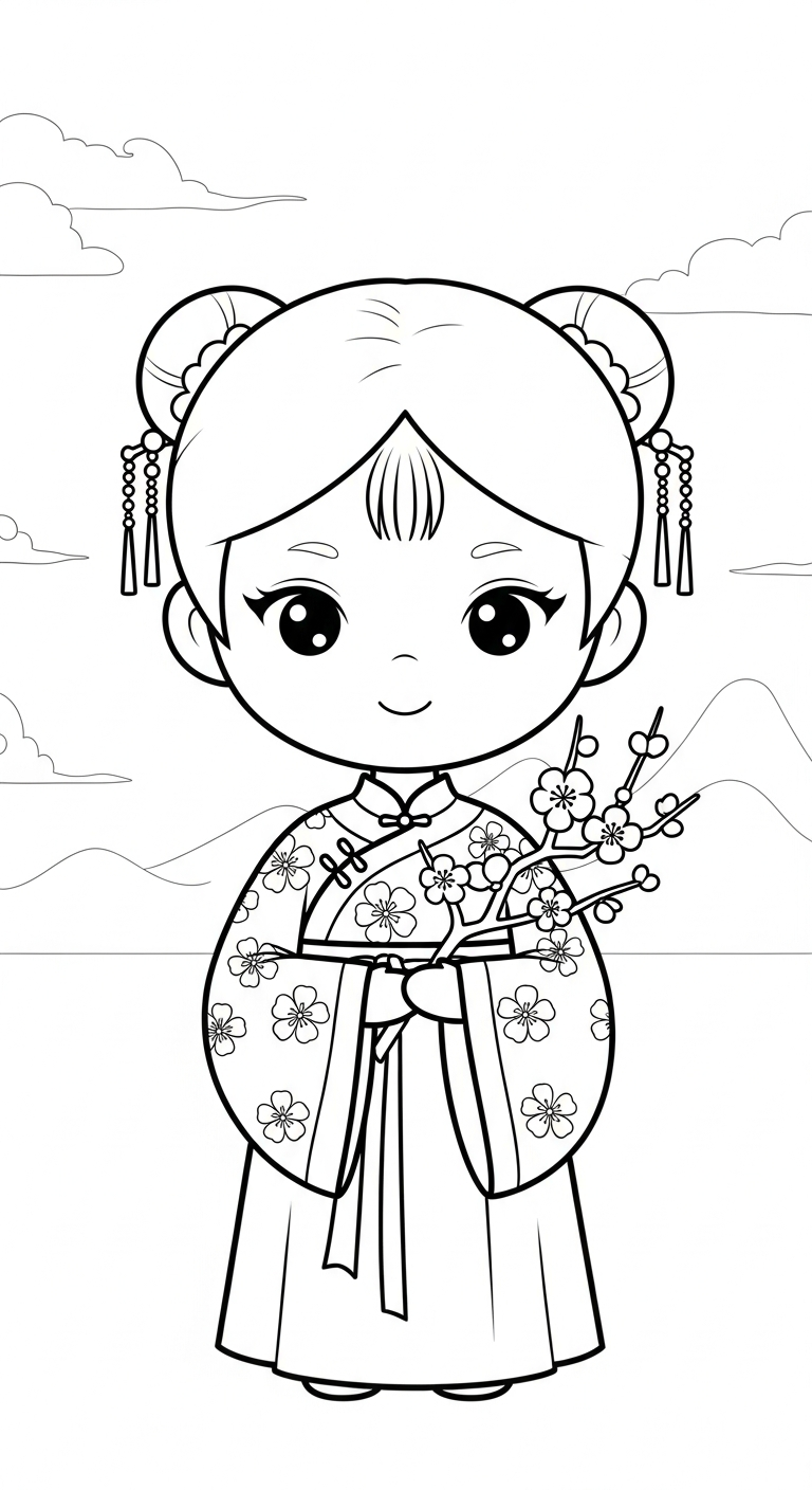 in hình tô màu công chúa cổ trang chibi cho bé 5 tuổi