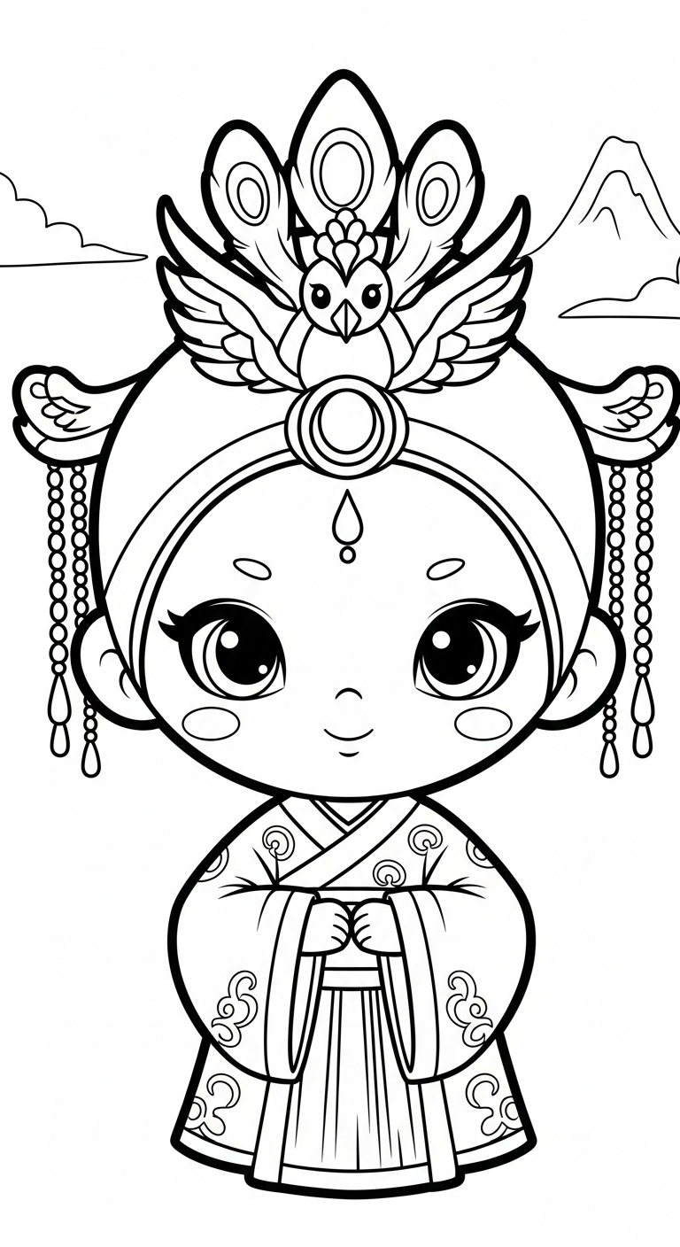 in hình tô màu công chúa cổ trang chibi cho bé 8 tuổi