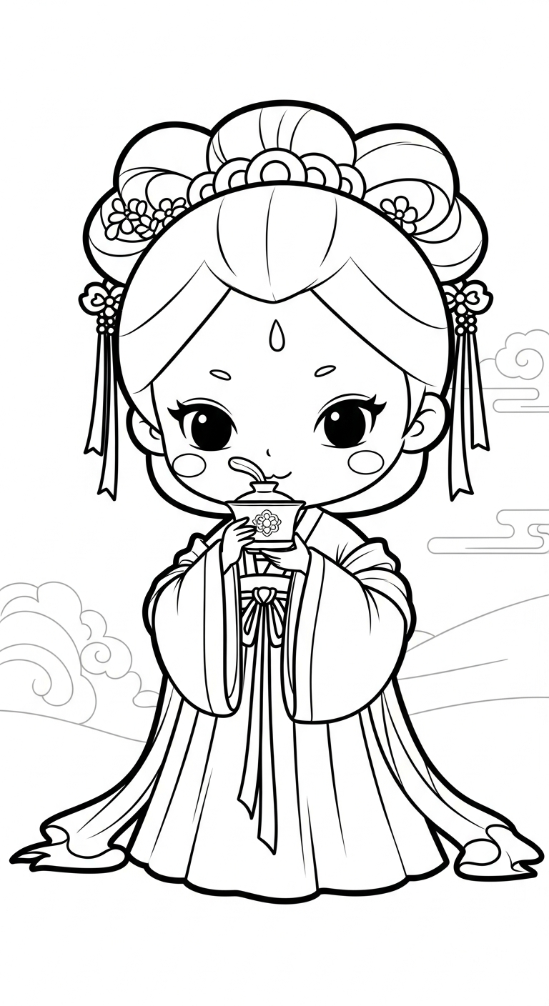 hình tô màu công chúa cổ trang chibi cho bé 5 tuổi miễn phí