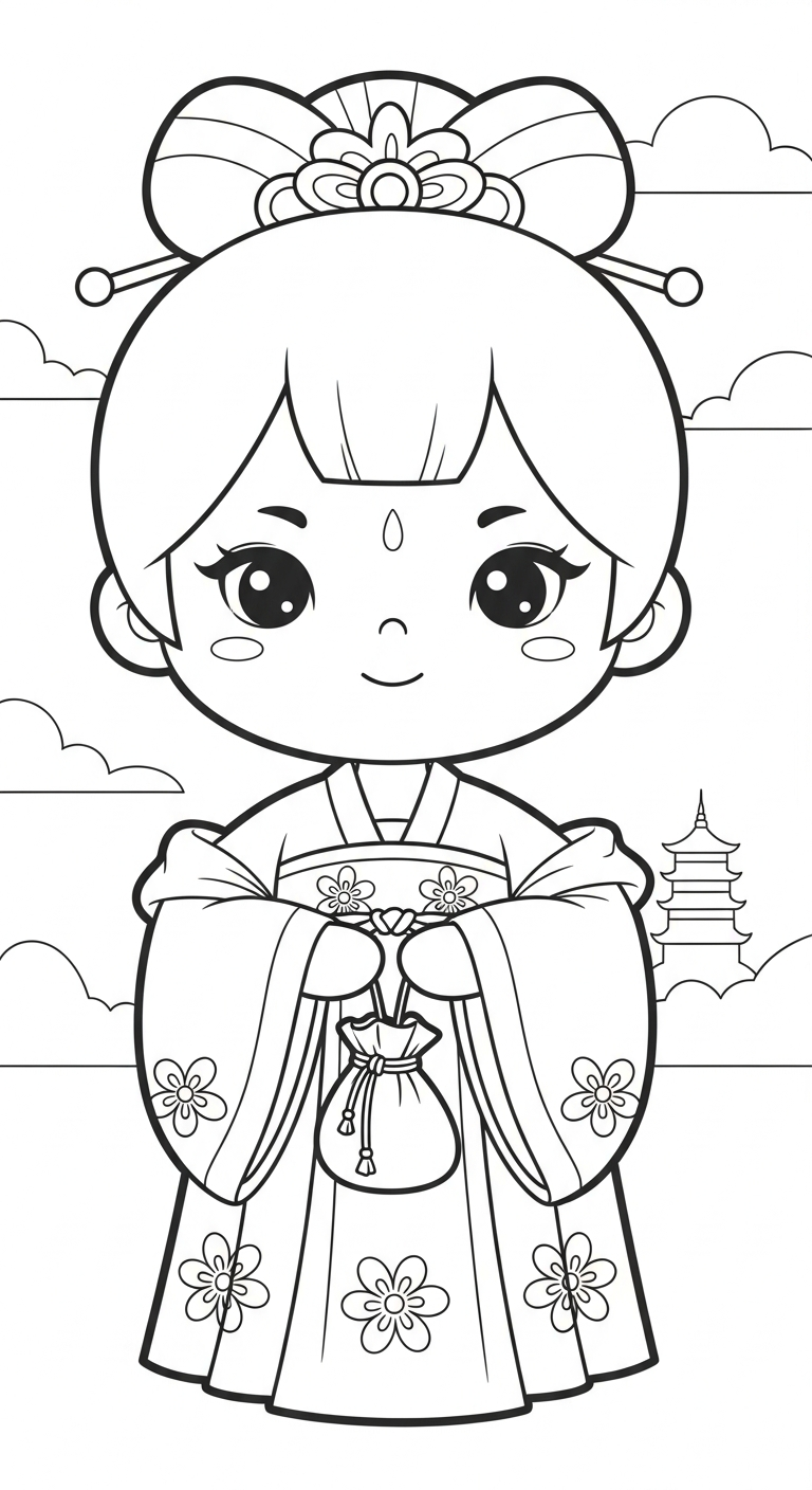 hình tô màu công chúa cổ trang chibi cho bé 8 tuổi miễn phí