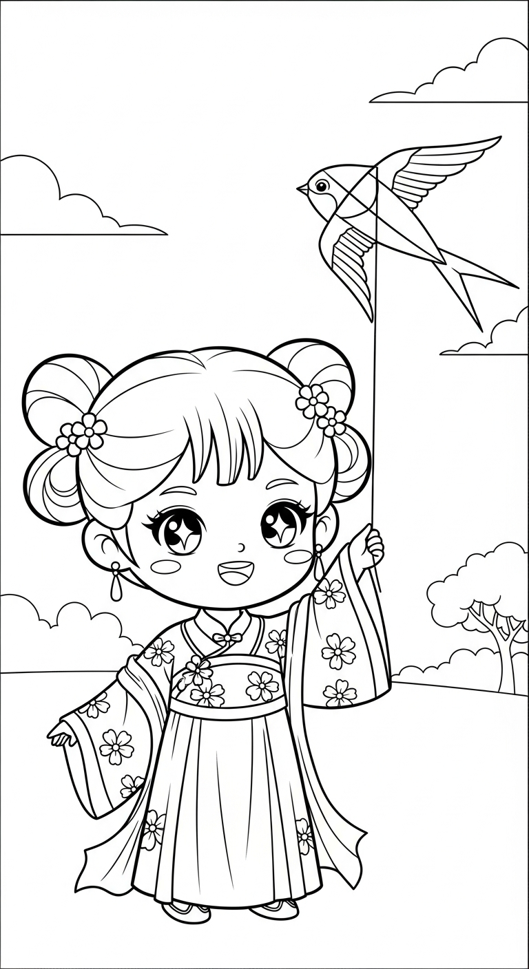 tải tranh tô màu công chúa cổ trang chibi cho bé 3 tuổi