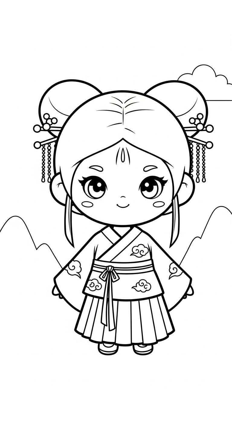 tranh tô màu công chúa cổ trang chibi cho bé đơn giản