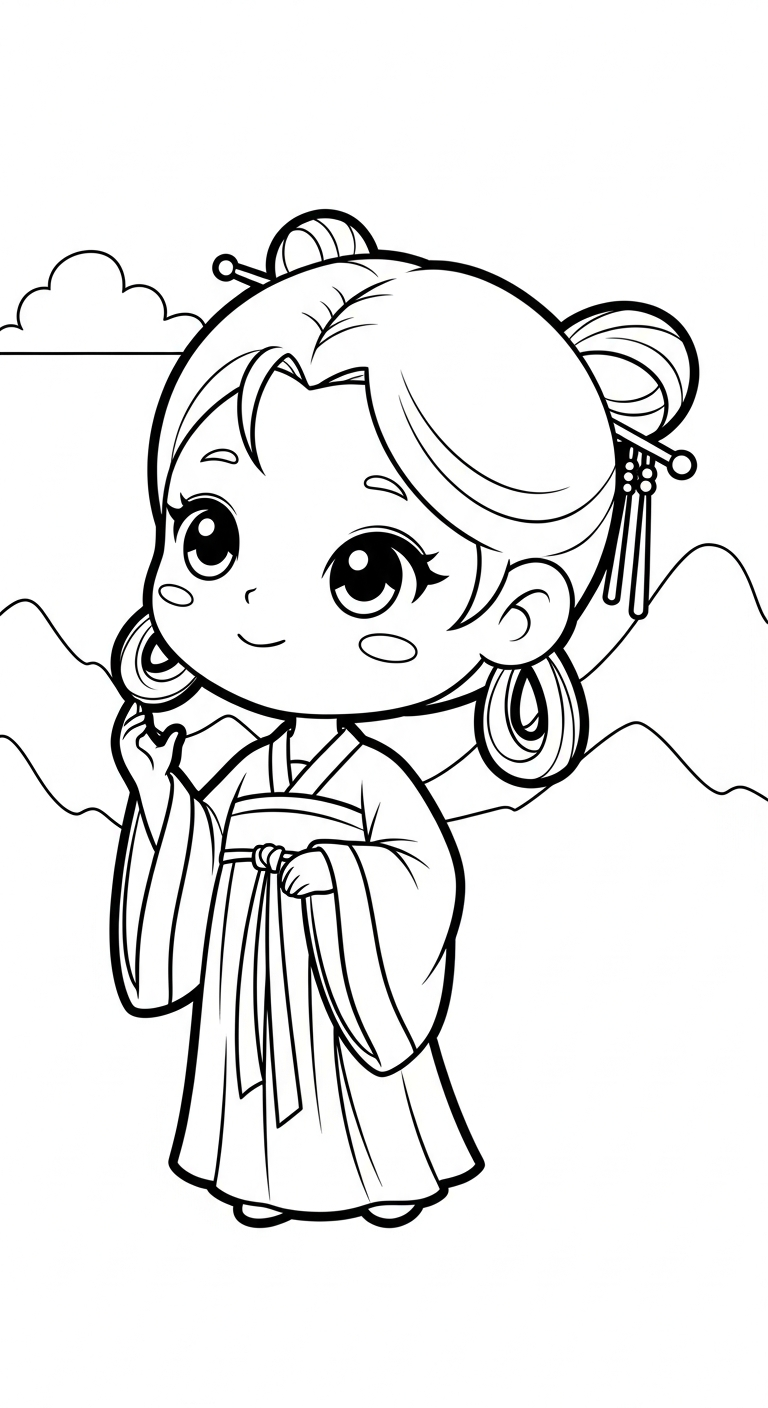 mẫu tranh tô màu công chúa cổ trang chibi cho bé