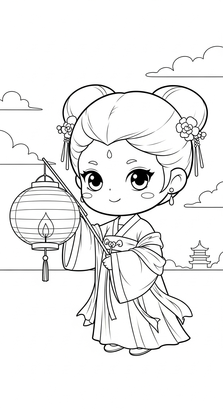 file hình tô màu công chúa cổ trang chibi cho bé in 1
