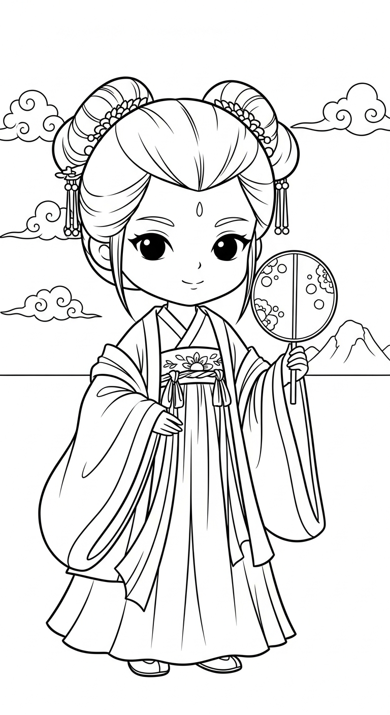 hình tô màu công chúa cổ trang chibi cho bé tải miễn phí