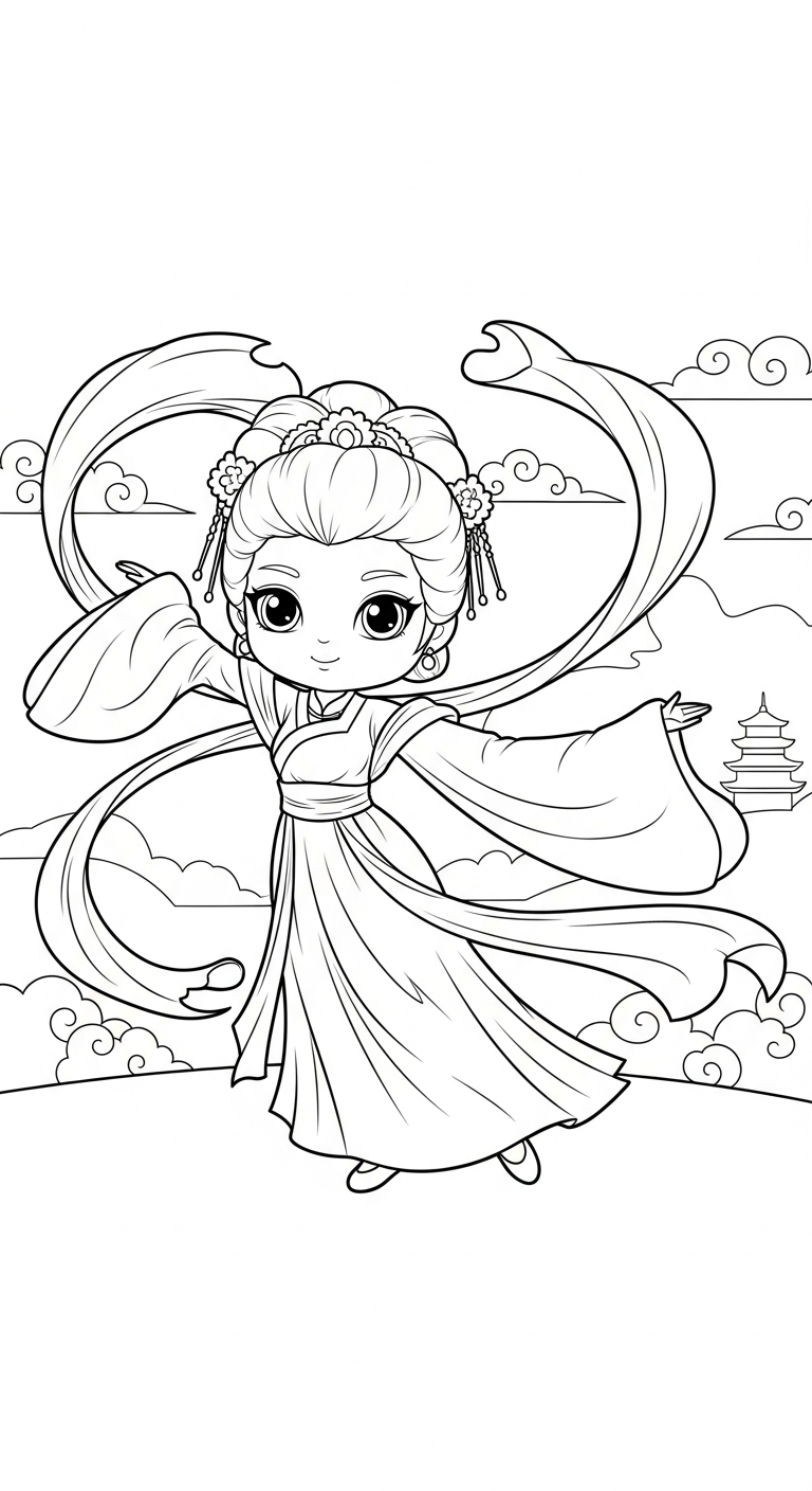 hình tô màu công chúa cổ trang chibi cho bé 7 tuổi miễn phí