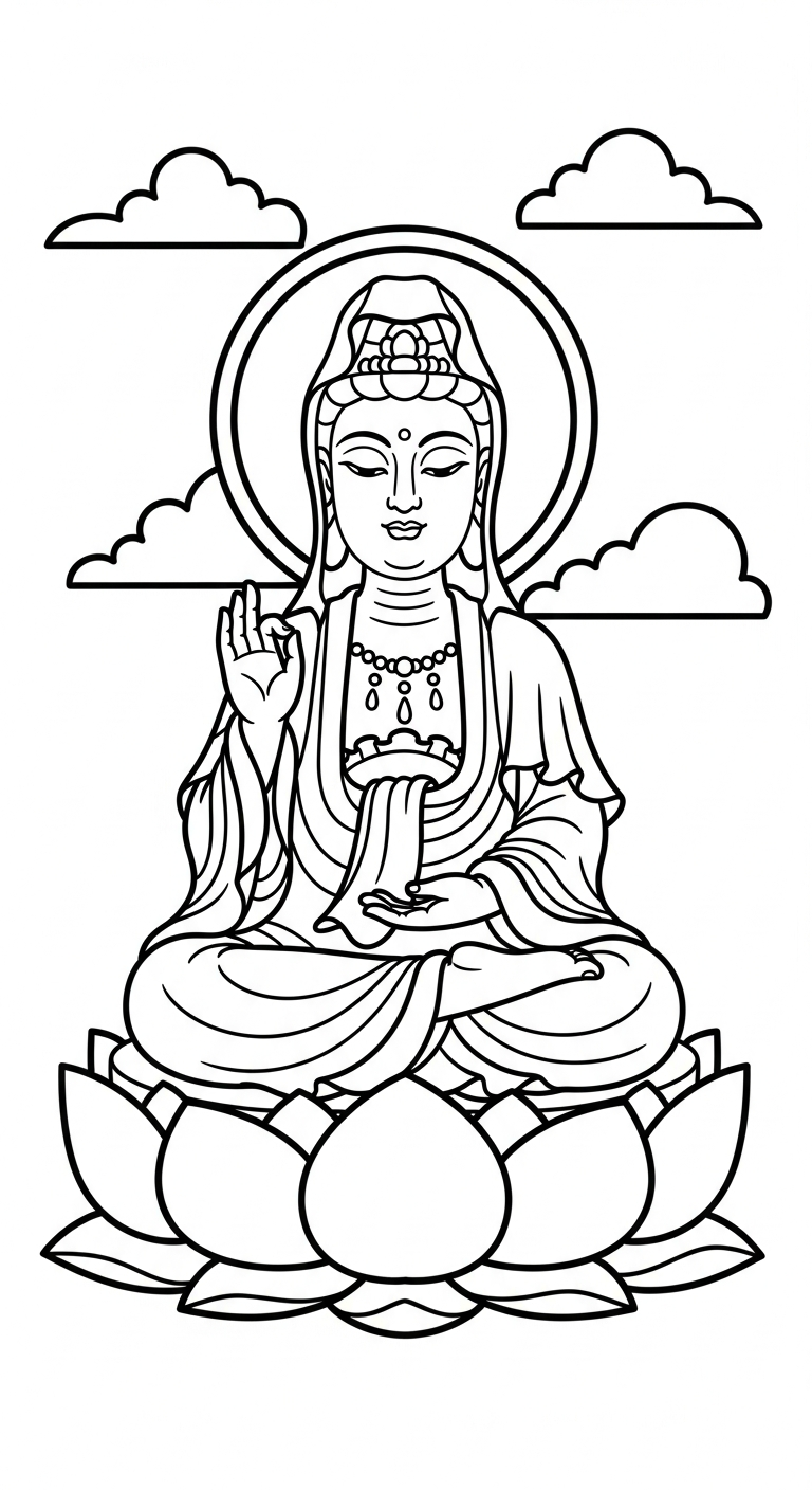 in tranh tô màu quan âm bồ tát cho bé 4 tuổi