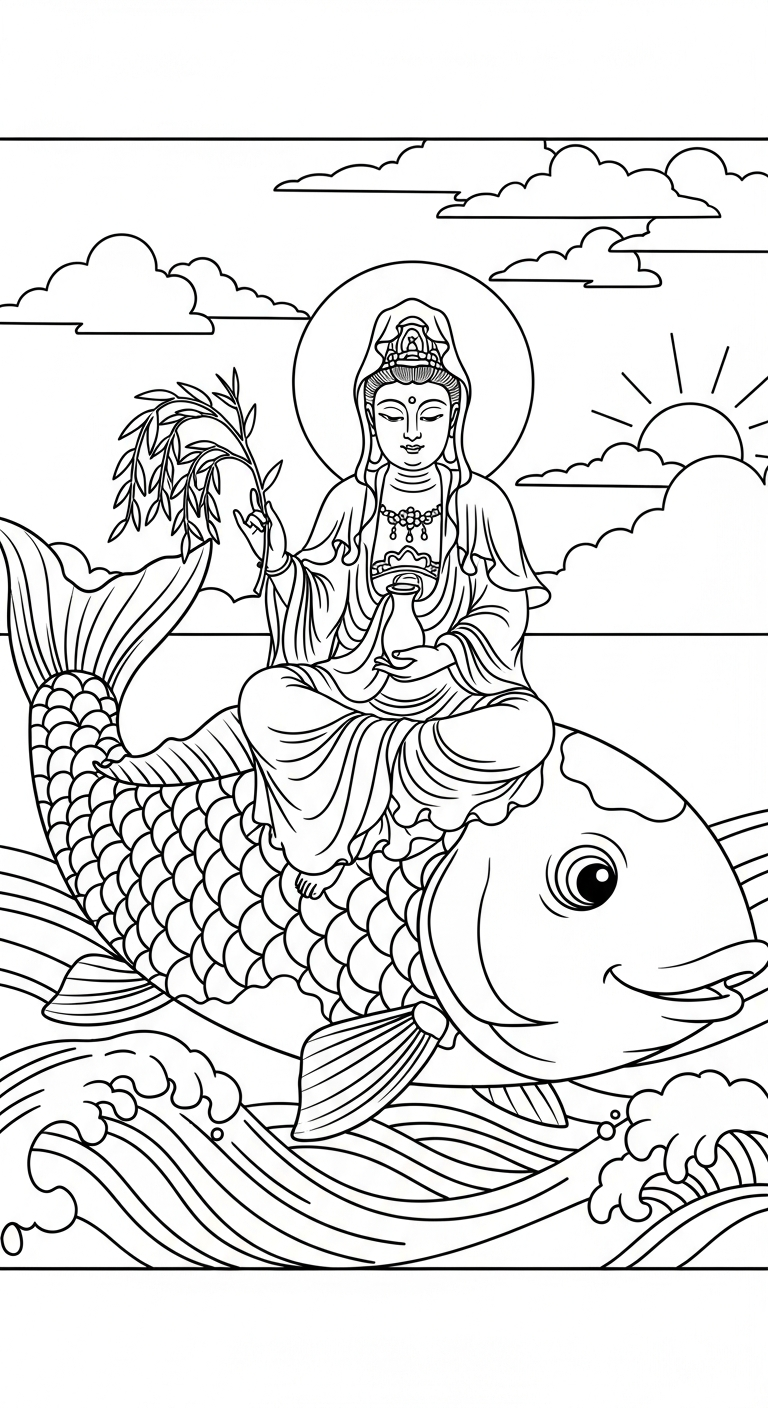 in hình tô màu quan âm bồ tát cho bé 6 tuổi