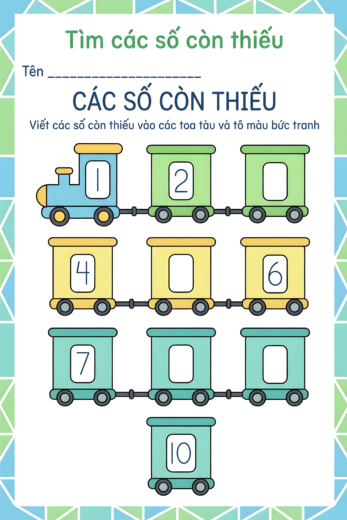 tranh tô màu điền vào dãy số cho bé 6 tuổi