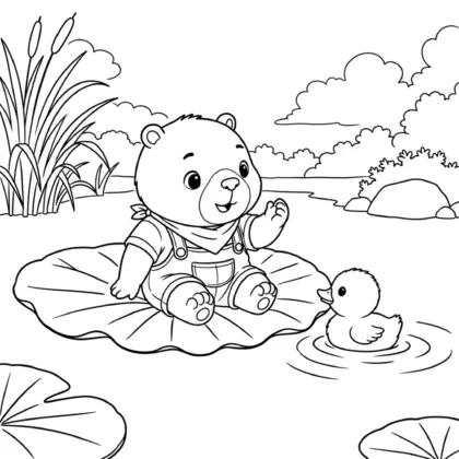 tải hình tô màu Capybara con ngồi trên lá sen cùng chú vịt chất lượng cao
