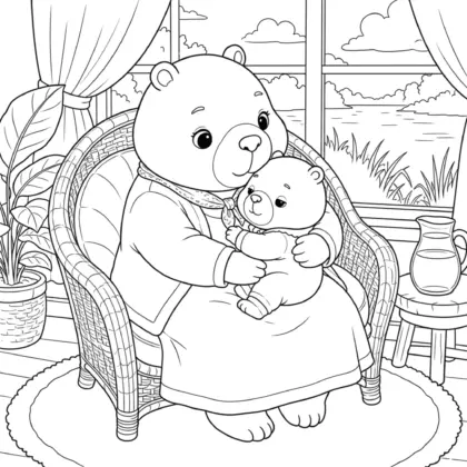 in hình tô màu Capybara mẹ ôm bé trên ghế mây cho bé tập tô