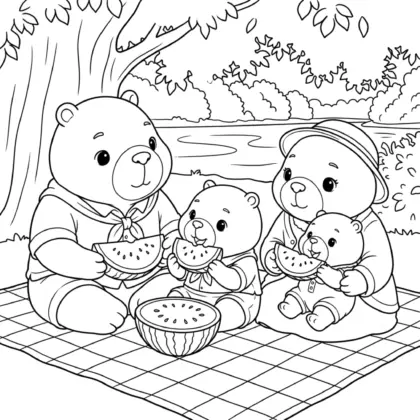 hình tô màu Gia đình capybara ăn dưa hấu dưới bóng cây cho bé 8 tuổi chất lượng cao