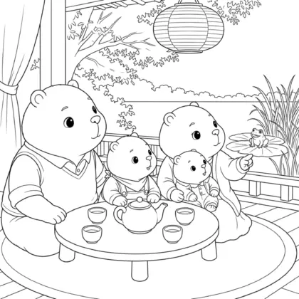 hình tô màu Gia đình capybara nghe tiếng ếch bên hồ cho bé 8 tuổi
