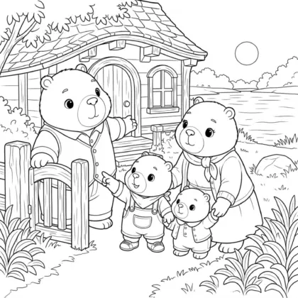 tranh tô màu Gia đình capybara trước căn nhà nhỏ bên hồ cho bé tải chất lượng cao