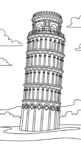 in hình tô màu tranh tô màu Tháp Nghiêng Pisa cho bé 5 tuổi