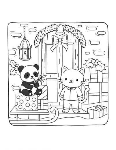 in hình tô màu Giáng Sinh Của Gấu Và Mèo