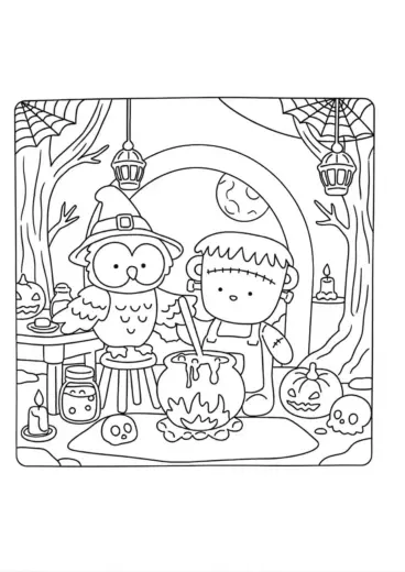 in hình tô màu Spooky Friends khổ A4