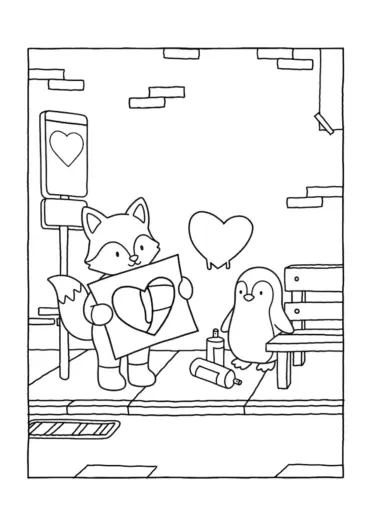 tranh tô màu Valentine Của Cáo Và Cánh Cụt cho bé 6 tuổi
