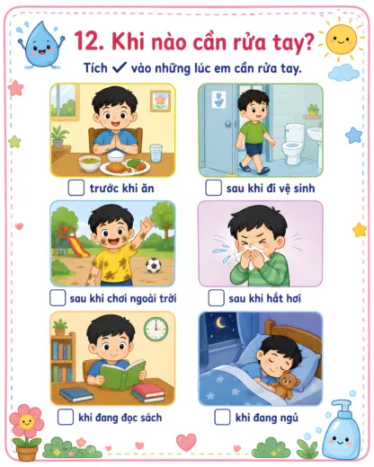phiếu bài tập khi nào cần rửa tay cho bé