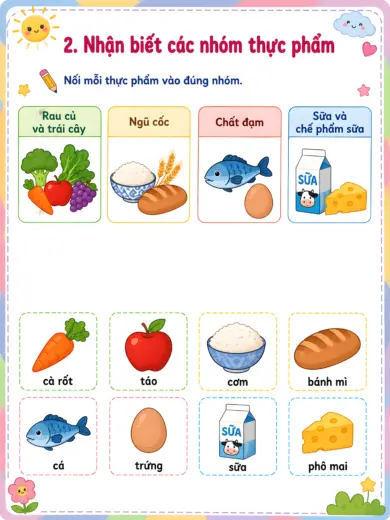 phiếu bài tập nhận biết các nhóm thực phẩm