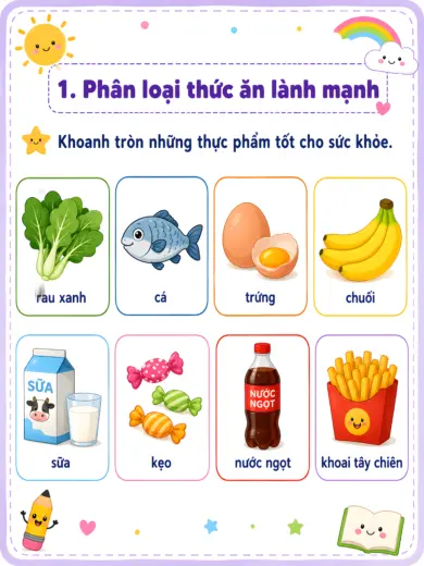 phiếu bài tập phân loại thức ăn lành mạnh
