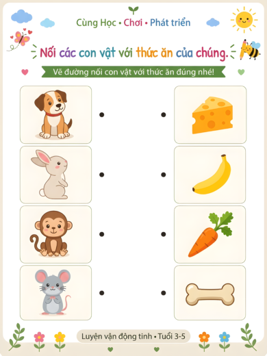 phiếu bài tập Ghép con vật với thức ăn cho bé