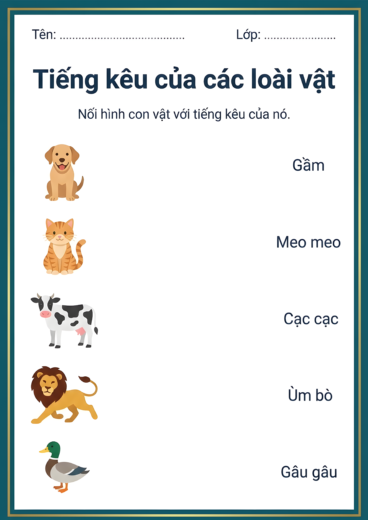 phiếu bài tập Ghép con vật với tiếng kêu