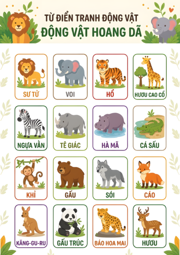 phiếu bài tập Gọi tên con vật theo tranh
