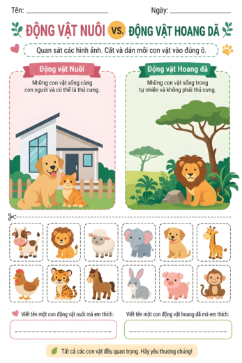 phiếu bài tập Phân loại vật nuôi và hoang dã