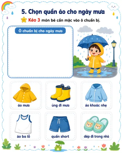 phiếu bài tập chọn quần áo cho ngày mưa