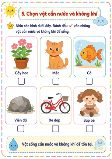 phiếu bài tập chọn vật cần nước và không khí