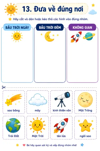 phiếu bài tập đưa về đúng nơi – chủ đề không gian