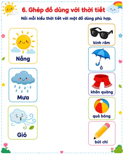 phiếu bài tập ghép đồ dùng với thời tiết