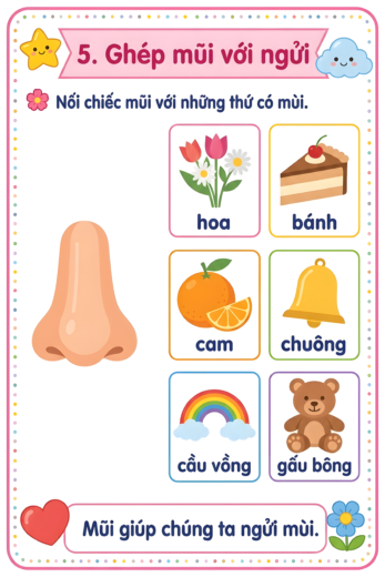 phiếu bài tập ghép mũi với ngửi cho bé