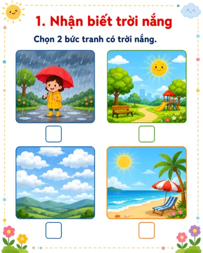 phiếu bài tập nhận biết trời nắng