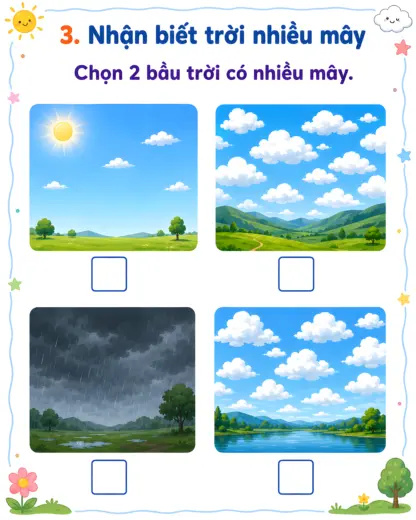 phiếu bài tập nhận biết trời nhiều mây cho bé