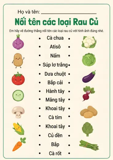 phiếu bài tập nối rau củ với tên