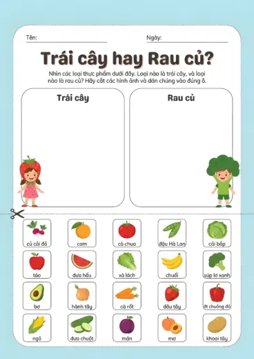 phiếu bài tập phân loại rau củ và quả