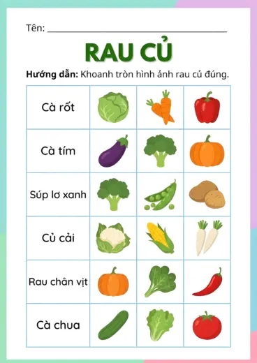 phiếu bài tập tìm tên rau củ tương ứng với ảnh