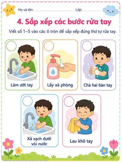 phiếu bài tập các bước rửa tay cho bé
