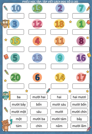 viết số vào ô tương ứng phạm vi 20 cho bé